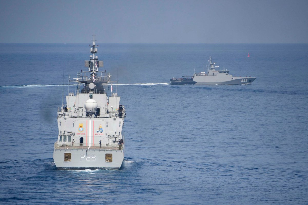 Indian Eastern Fleet ships Shakti and Kamorta undertake Passage Exercise (PASSEX) with Indonesian Naval Ship KRI Madidihang (855) a Stingrays Class Fast Patrol Craft on leaving the Port of Makassar, Indonesia 