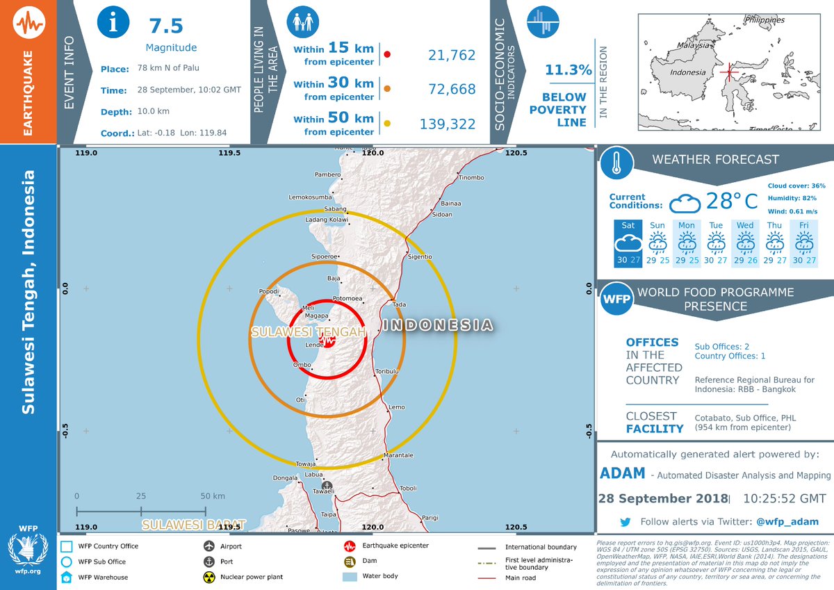 Earthquake in Sulawesi Tengah, Indonesia (23m ago). 78km N of Palu. Magnitude: 7.5 Depth: 10.0   