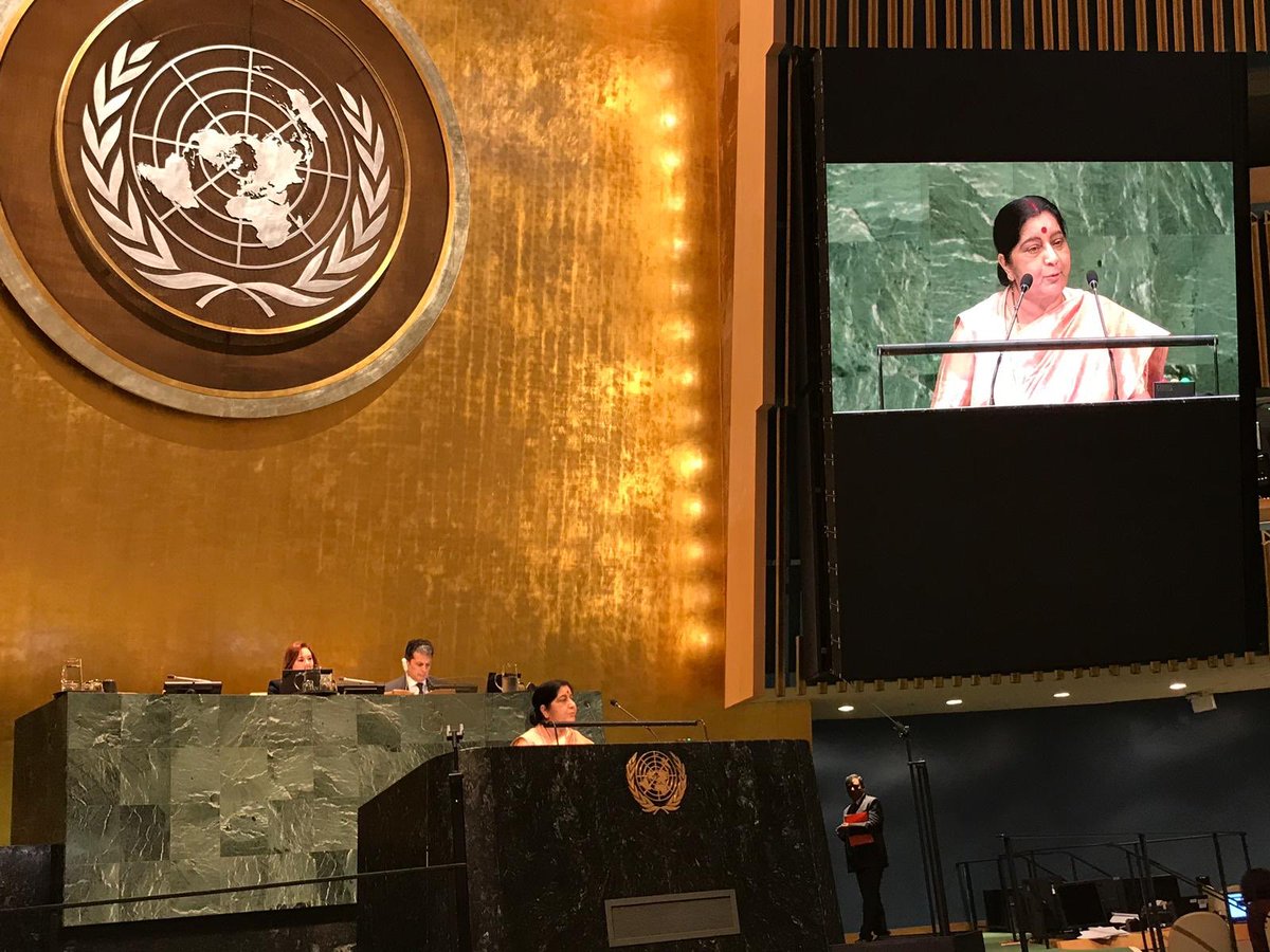 India's External Affairs Minister begins to speak at the UNGA. India begins by speaking on Indonesia tsunami expressing condolences, assuring support from India.   