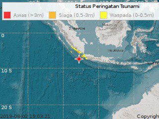 Earthquake Mag: 7.4, 02-Aug-19 19:03:21 WIB, Location: 7.54 S, 104.58 East. Depth: 10 Km, Potential tsunami 